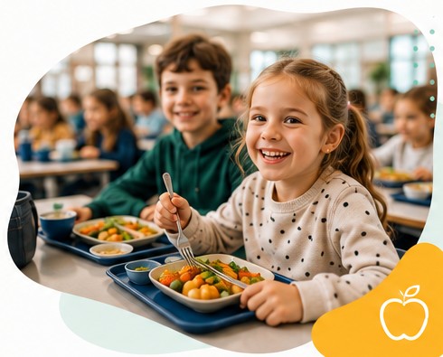 Leerlingen genieten van een schoolmaaltijd